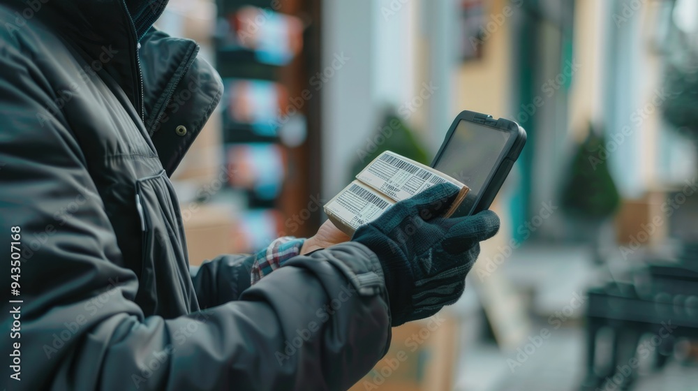 A delivery worker in bright winter gear scans a package using a handheld device, efficiently managing deliveries in cold weather conditions.. A delivery worker in bright winter gear scans a package using a handheld device, efficiently managing deliveries in cold weather conditions..