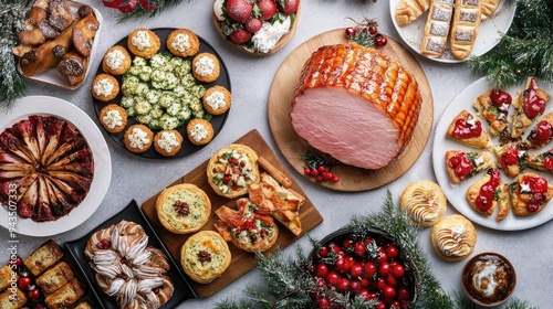 A Christmas dinner spread with glazed ham, roasted vegetables, mini quiches, and festive desserts like yule logs and cookies, all set on a grey background