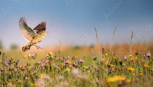 Eurasian Skylark Singing in Flight Over a Meadow