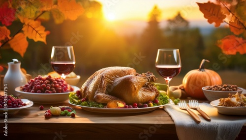 Enjoy a Thanksgiving Feast in Nature: Turkey and Seasonal Vegetables Served in a Beautiful Outdoor Setting. Generative AI