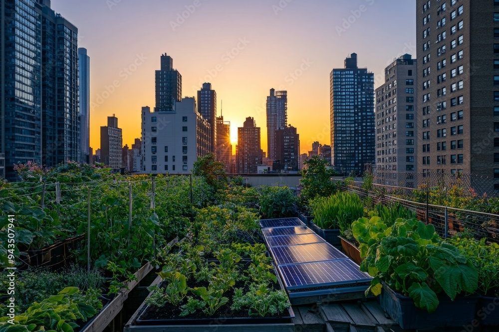 Obraz premium A stunning rooftop garden showcases green life among urban skyscrapers. Nature meets city living in this vibrant scene. Sustainable energy combines with beauty. Generative AI