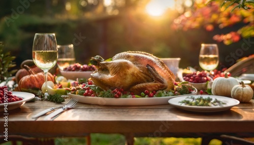 Enjoy a Thanksgiving Feast in Nature: Turkey and Seasonal Vegetables Served in a Beautiful Outdoor Setting. Generative AI
