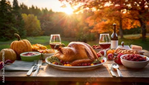 Outdoor Thanksgiving Gathering: A Festive Feast with Turkey, Cranberry Sauce, and Autumn Harvest. Generative AI.