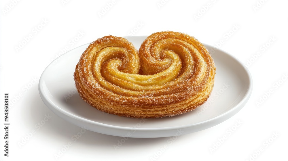 A close-up of a single golden palmier, also known as a butterfly cake, placed on a pristine white plate, isolated against a pure white background with subtle shadows A close-up of a single golden palmier, also known as a butterfly cake, placed on a pristine white plate, isolated against a pure white background with subtle shadows