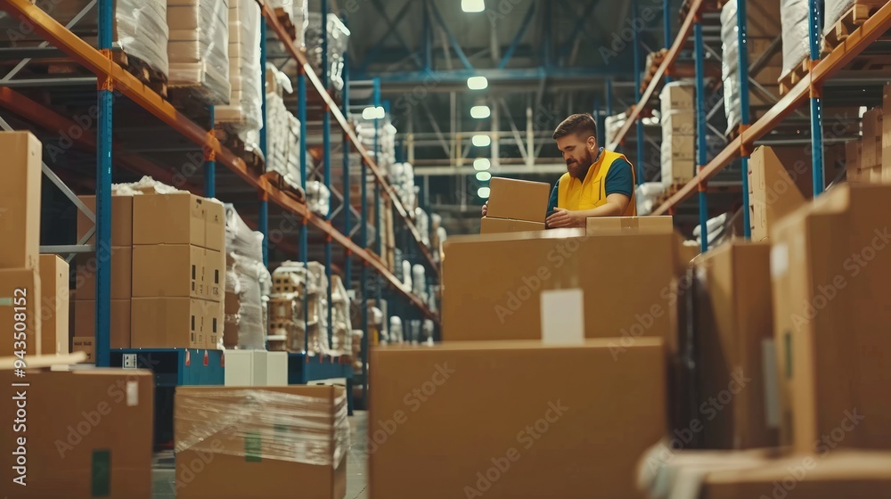Two warehouse workers efficiently organize and stack boxes in a storage facility, showcasing teamwork and logistics in action..
