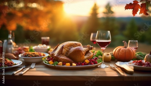 Celebrate Thanksgiving Outdoors: A Harvest Feast with Turkey, Cranberry Sauce, and Autumn Vegetables Under the Stars. Generative AI