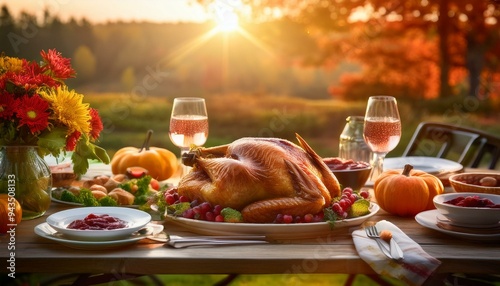 Celebrate Thanksgiving Outdoors: A Harvest Feast with Turkey, Cranberry Sauce, and Autumn Vegetables Under the Stars. Generative AI