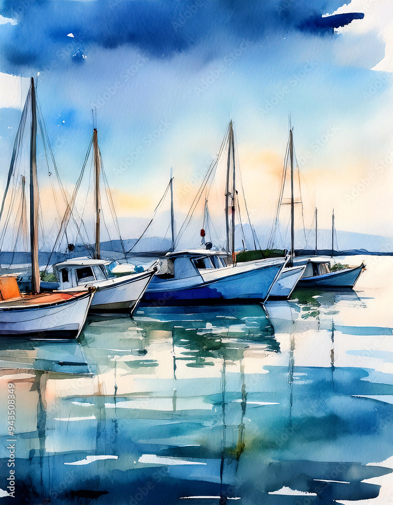 Watercolor beach scene with boats and trees reflecting on water Watercolor beach scene with boats and trees reflecting on water