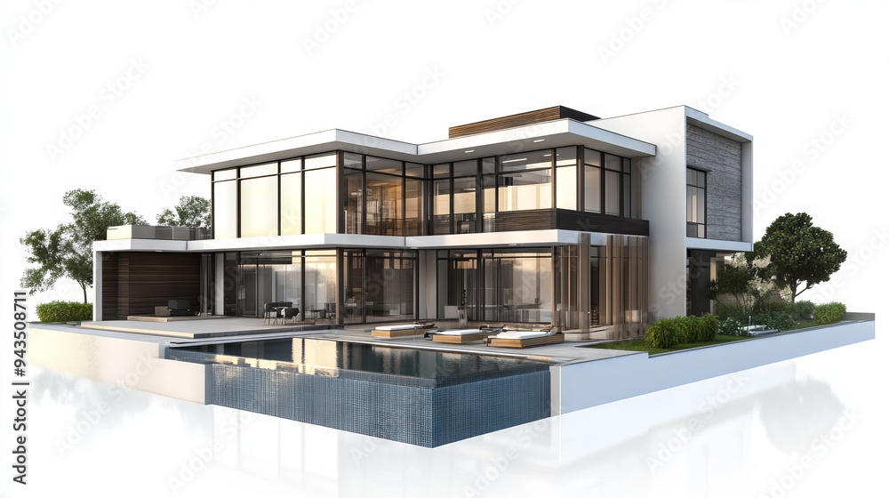 Fototapeta premium A 3D rendering of a modern, cozy house with a pool and parking, designed in a luxurious style. Isolated on a white background, suitable for sale or rent.