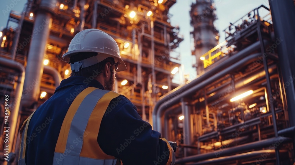 An engineer in safety gear inspects a large industrial plant during sunset, highlighting the infrastructure and operations of the facility... An engineer in safety gear inspects a large industrial plant during sunset, highlighting the infrastructure and operations of the facility...