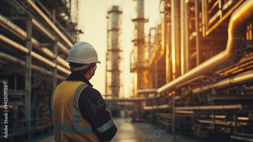 An engineer in safety gear inspects a large industrial plant during sunset, highlighting the infrastructure and operations of the facility...