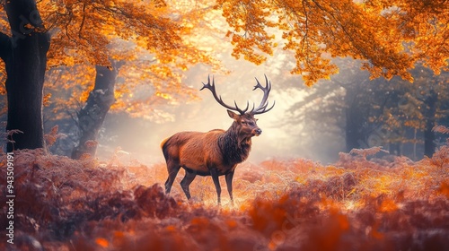 A magnificent red deer stag stands amidst a vibrant autumn forest, enveloped in a gentle mist.