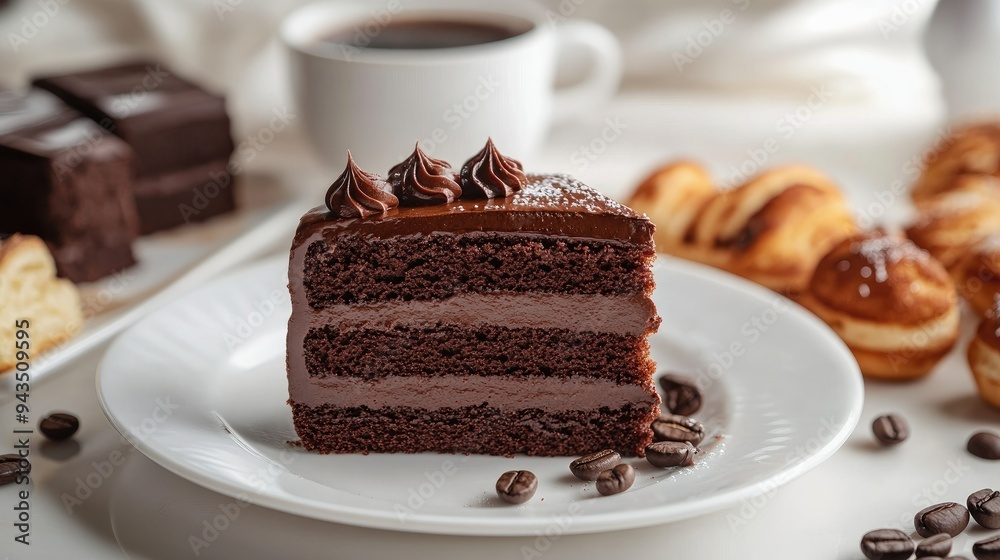 A decadent slice of chocolate cake on a white plate, surrounded by assorted pastries and a steaming cup of coffee, creating a perfect breakfast or dessert setting A decadent slice of chocolate cake on a white plate, surrounded by assorted pastries and a steaming cup of coffee, creating a perfect breakfast or dessert setting