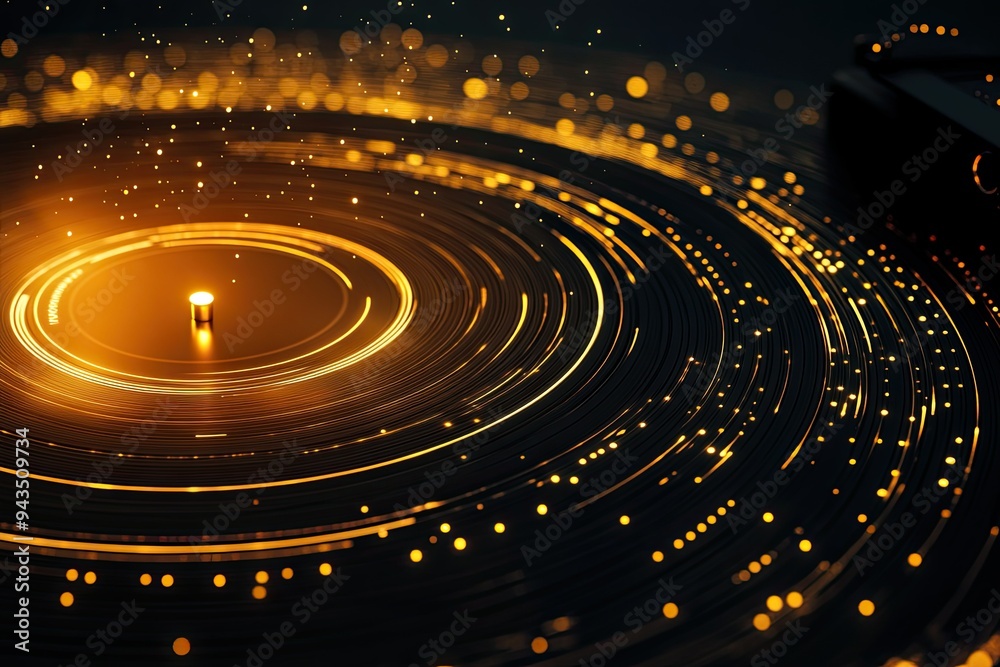 Abstract black background with golden circular elements, illuminated by warm light and dark spots of red particles on the. Abstract black background with golden circular elements, illuminated by warm light and dark spots of red particles on the.