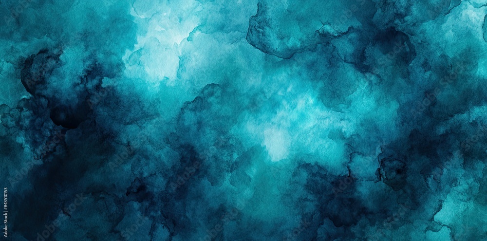 Obraz premium Abstract blue watercolor background, teal and navy colors, banner with space for text. 