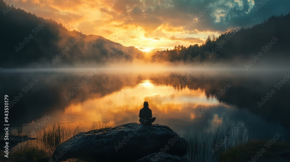 Solitary figure witnessing a breathtaking sunrise by the lake, surrounded by misty water and tranquil nature. Solitary figure witnessing a breathtaking sunrise by the lake, surrounded by misty water and tranquil nature.