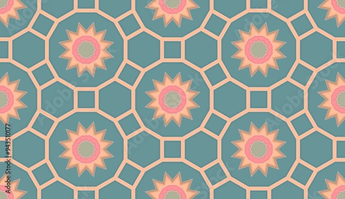 Geomatric seamless pattern in green and pink. Floral repeating structure.