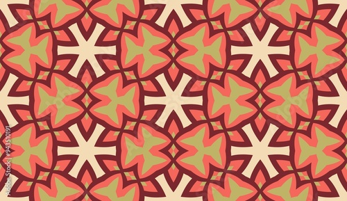 Geomatric seamless pattern in green and orange. Square repeating structure.