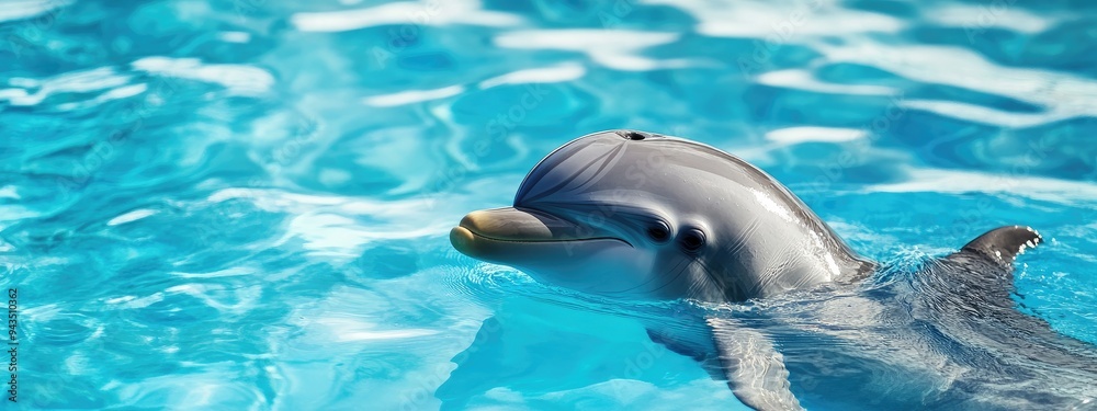 Naklejka premium A dolphin glides gracefully through the ocean, illuminated by sunlight filtering through the clear blue water..