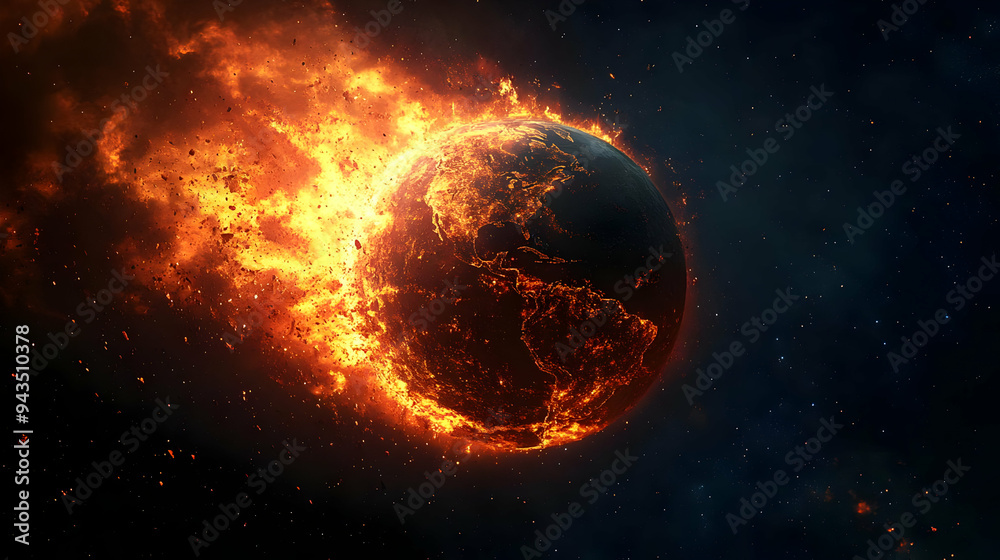 A burning planet Earth engulfed in flames and debris against a starry night sky. A burning planet Earth engulfed in flames and debris against a starry night sky.