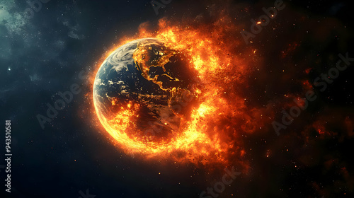 A burning planet Earth engulfed in flames. photo