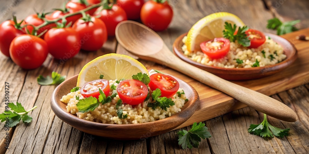 Vibrant Freshness Overlaid rustic wooden utensils, generous portions of parsley, tomatoes, and bulgur, topped with lemon wedges, against a warm beige background, evoking summery simplicity. Vibrant Freshness Overlaid rustic wooden utensils, generous portions of parsley, tomatoes, and bulgur, topped with lemon wedges, against a warm beige background, evoking summery simplicity.