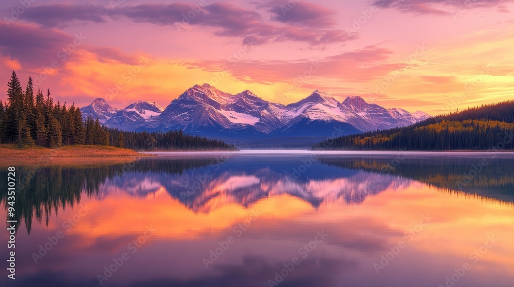 Stunning sunset over a calm mountain lake, the reflection of snow-capped peaks perfectly mirrored on the water. Stunning sunset over a calm mountain lake, the reflection of snow-capped peaks perfectly mirrored on the water.