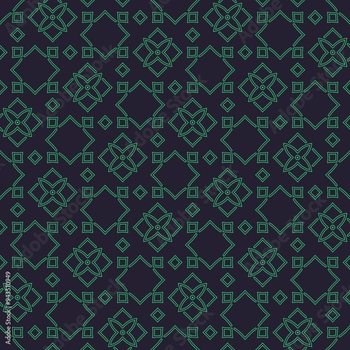 Geomatric seamless pattern in green and black. Square repeating structure.