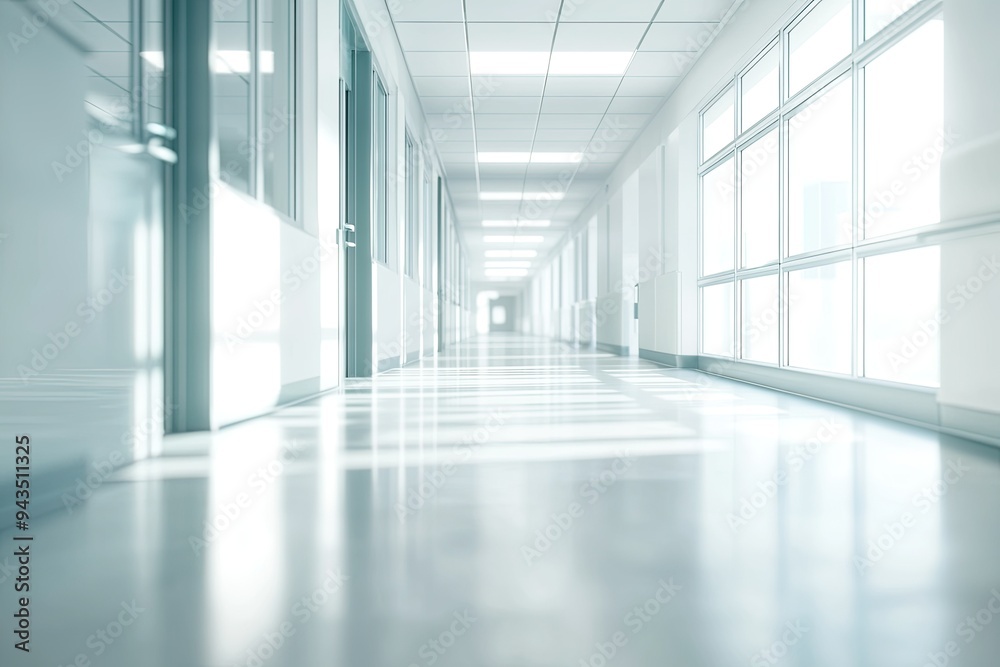 Blurred background of a hospital interior with a white corridor and windows, no people.
Blurred background of a hospital interior with a white corridor and windows, no people.