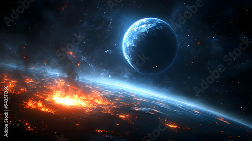 A burning planet in space w...