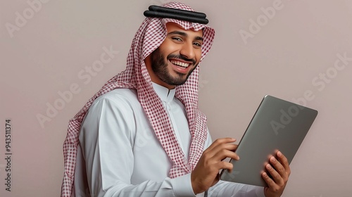 Happy businessman with laptop isolated background