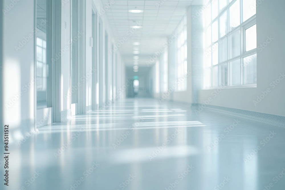 Blurred background of a hospital interior with a white corridor and windows, no people.
Blurred background of a hospital interior with a white corridor and windows, no people.