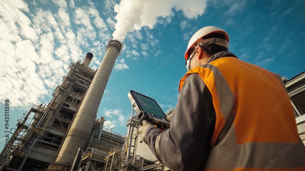 A safety engineer wearing a hard hat and high-visibility jacket inspects an industrial plant, with large smokestacks emitting white smoke into the sky.. A safety engineer wearing a hard hat and high-visibility jacket inspects an industrial plant, with large smokestacks emitting white smoke into the sky..