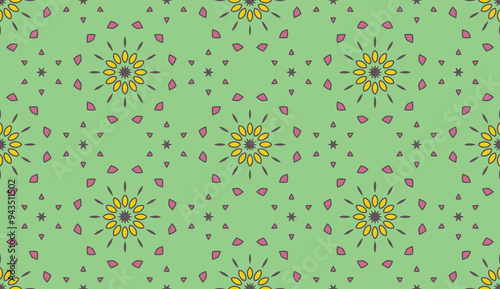 Geomatric seamless pattern in green, yellow and pink. Floral repeating structure.