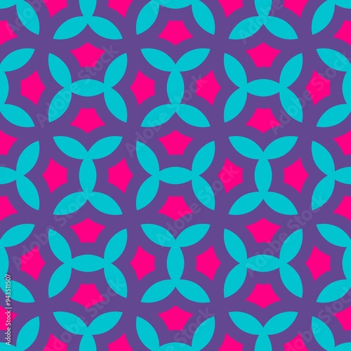 Geomatric seamless pattern in blue and pink. Circle repeating structure.