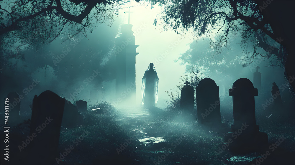 A ghostly figure stands in a dark foggy graveyard surrounded by tombstones and eerie trees creating a haunting atmosphere A ghostly figure stands in a dark foggy graveyard surrounded by tombstones and eerie trees creating a haunting atmosphere