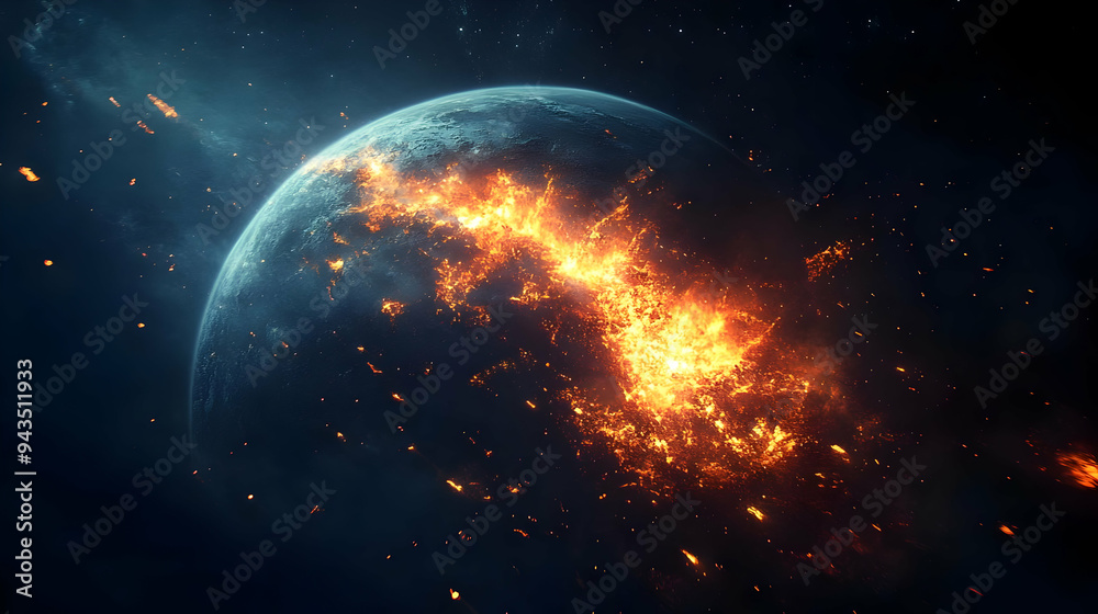 Obraz premium A burning planet in space with fire and debris.