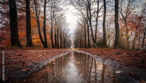 a close up perspective of a muddy forest path flanked by leafless trees in autumn with fallen orange leaves and waterlogged sections reflecting the overcast sky photo