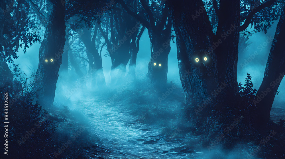 A haunted forest path with eerie glowing eyes in the trees creates a spooky atmosphere, inviting intrigue and a sense of mystery