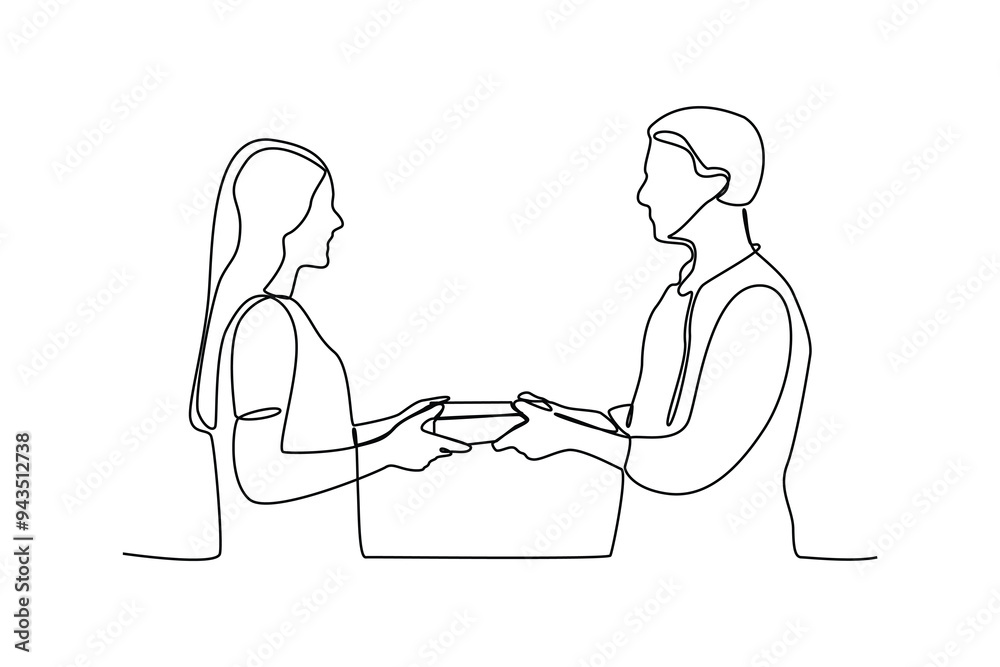Continuous one line drawing group of men and women make friends while giving gifts. Female together. Happy friendship day with family and diserve people. Friendship minimalist concept. Single line dra Continuous one line drawing group of men and women make friends while giving gifts. Female together. Happy friendship day with family and diserve people. Friendship minimalist concept. Single line dra