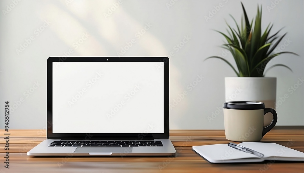 Fototapeta premium Minimalist Workspace with Laptop, Coffee Cup, and Notebook