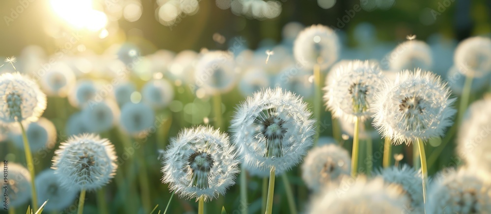 Obraz premium Closeup of lovely white fluffy dandelions outdoors with copy space image