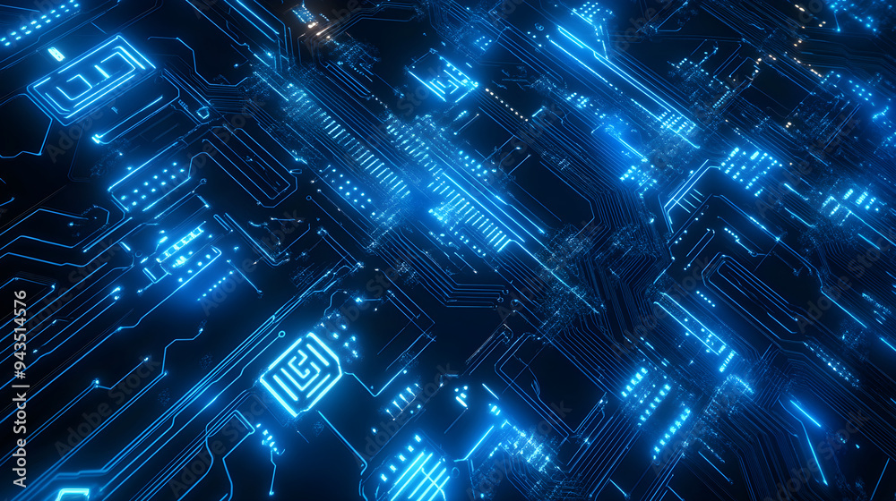 A sleek high-tech background features illuminated circuit board patterns in blue tones conveying a modern digital theme A sleek high-tech background features illuminated circuit board patterns in blue tones conveying a modern digital theme