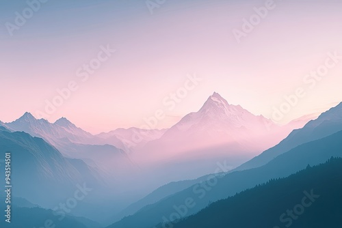 Photograph of a mountainous landscape, with a soft, hazy effect and a pastel color palette. 