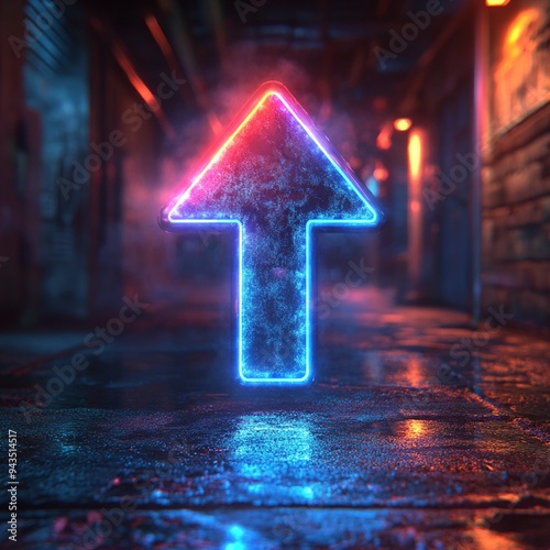 Neon Arrow in a Grungy Alleyway:  A glowing, red and blue neon arrow points upwards in a gritty, industrial alleyway, evocative of progress, ambition, and the pursuit of dreams. The arrow's glow illum photo