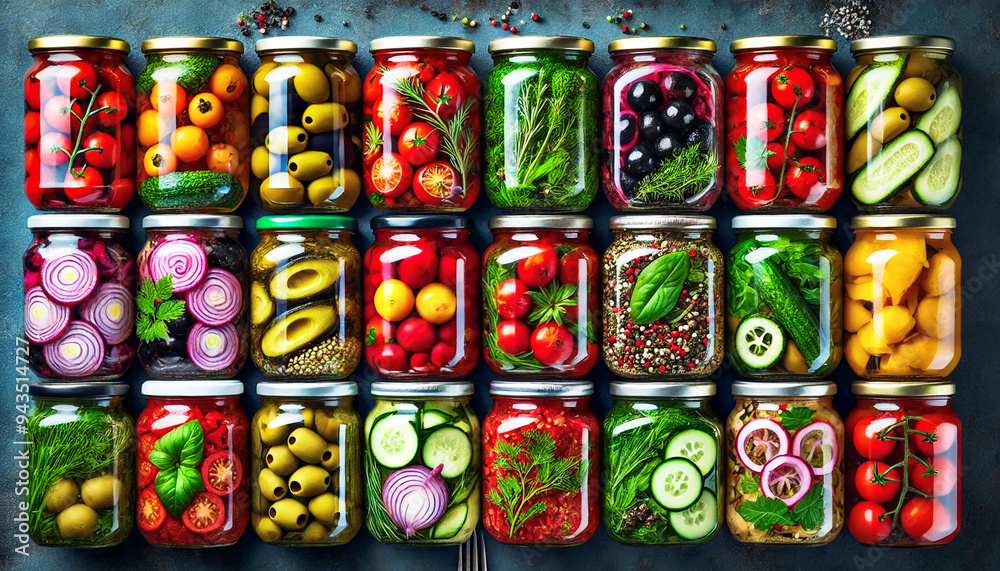 Several rows of neatly arranged glass jars, each displaying a variety of pickled and canned vegetables. Several rows of neatly arranged glass jars, each displaying a variety of pickled and canned vegetables.