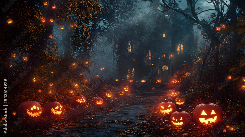 A spooky autumn forest filled with glowing jack-o'-lanterns leads to a mysterious, abandoned house shrouded in mist and shadows