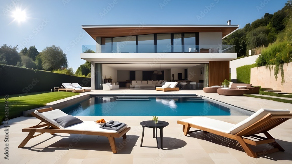 Fototapeta premium Modern house with sun loungers and a dining area next to the swimming pool