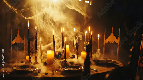 A spooky candle-lit dinner table is surrounded by ghostly smoke and shadows, creating an eerie atmosphere perfect for Halloween celebrations photo