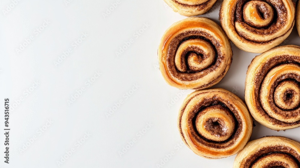Fototapeta premium A minimalist composition of freshly baked cinnamon rolls, their soft, fluffy texture and cinnamon filling visible from above, isolated on a white background